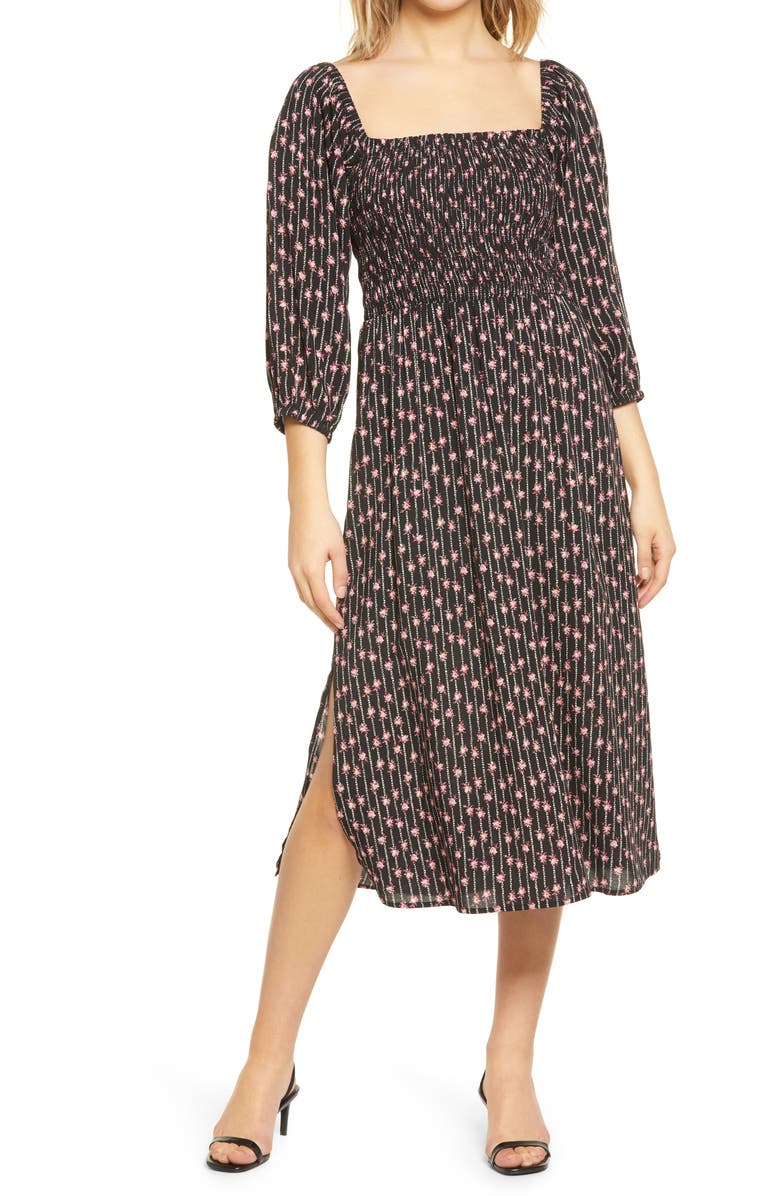 WAYF Nevaeh Smocked Midi Dress, Main, color, 