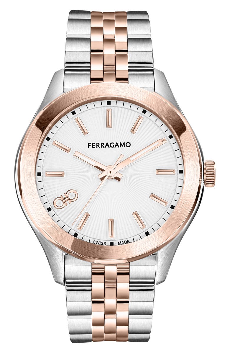 FERRAGAMO Classic Two-Tone Guilloche Dial Bracelet Watch, 38mm, Main, color, 