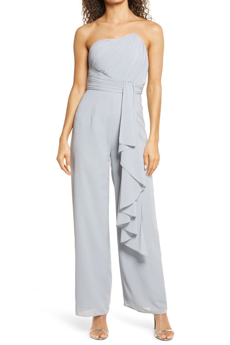 Strapless Ruffle Jumpsuit, Main, color, BLUE GREY