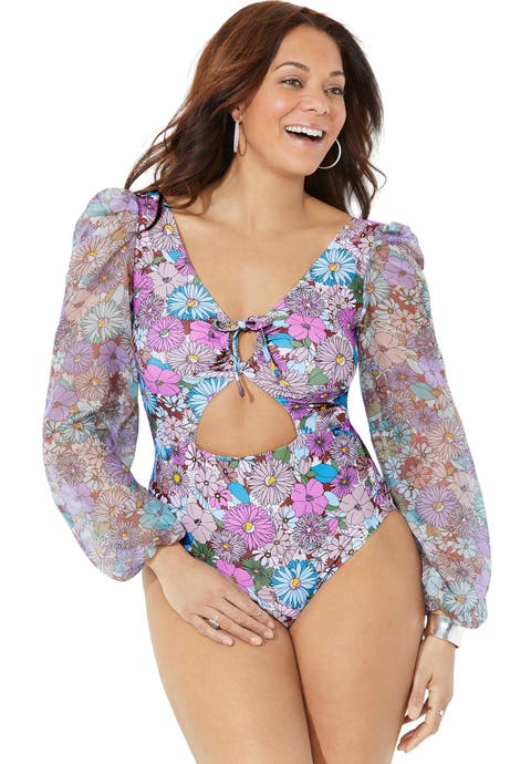 Cup Sized Chiffon Sleeve One Piece Swimsuit