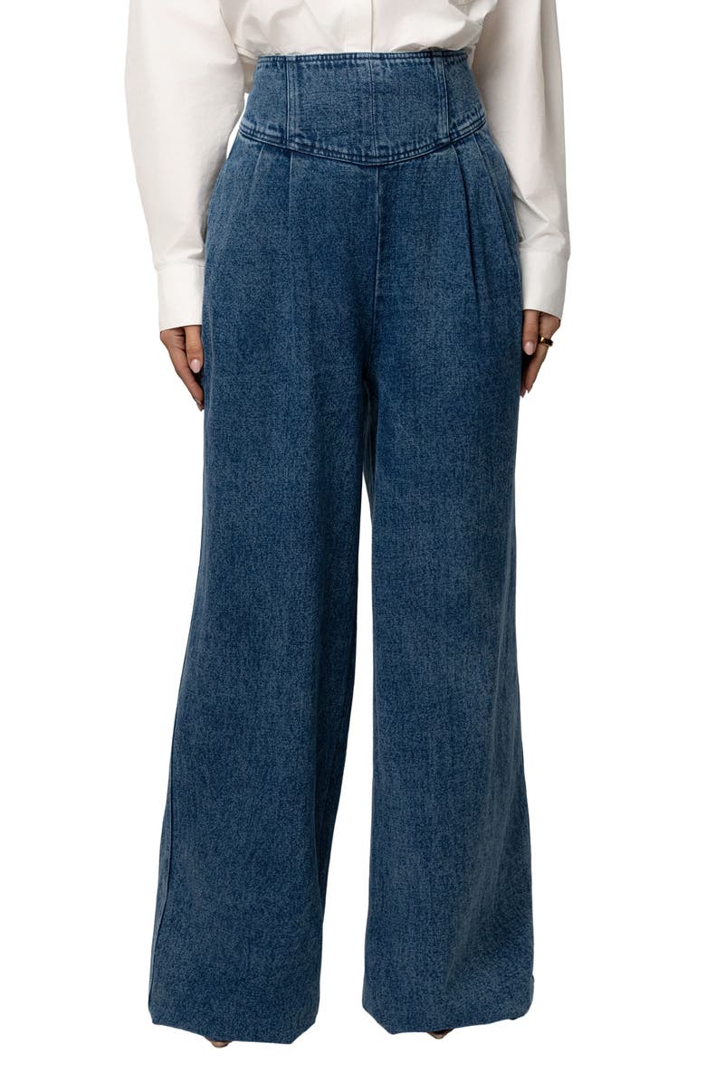 JLUXLABEL Pleated Wide Leg Denim Pants, Main, color, Denim