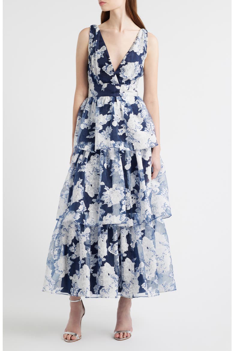 Vallia Floral Tiered Gown, Main, color, NAVY FLORAL