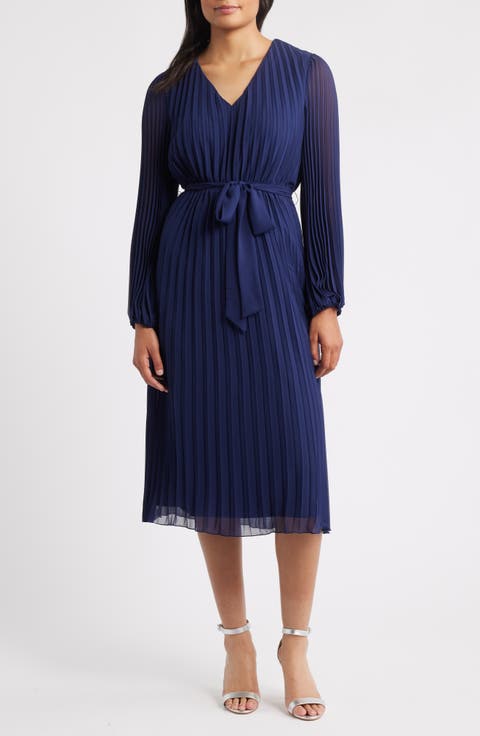 Pleated Long Sleeve Chiffon Midi Dress