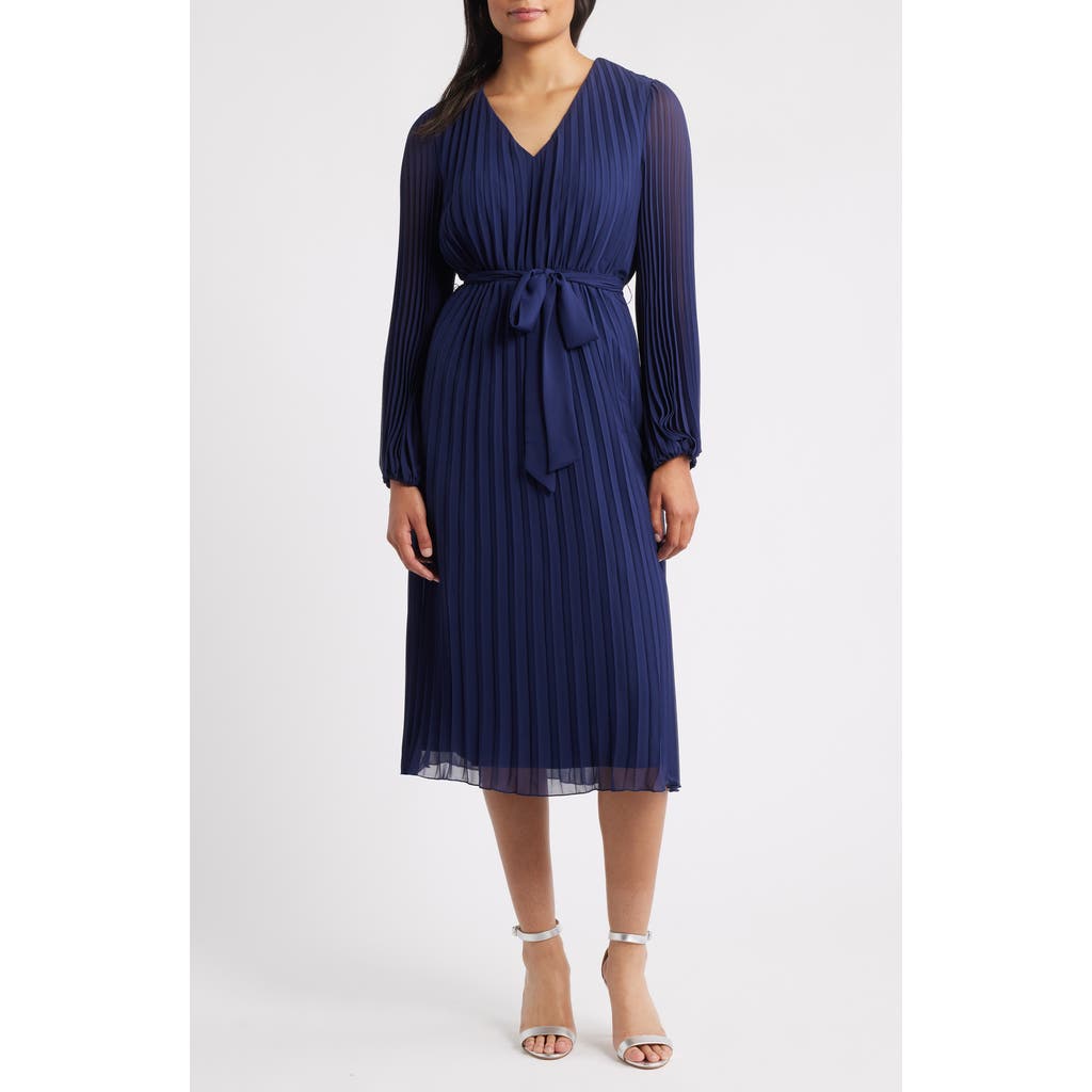 Sam Edelman Pleated Long Sleeve Chiffon Midi Dress In Blue