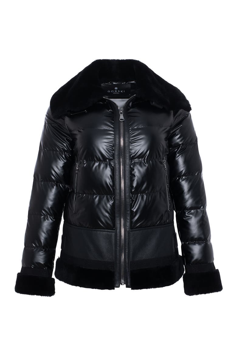 Quilted Jacket with Genuine Shearling Trim, Alternate, color, BLACK/BLACK