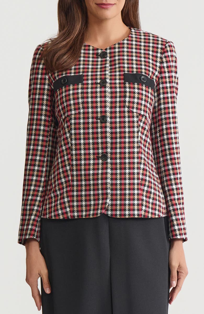 KASPER Collarless Houndstooth Blazer, Main, color, Black/ Fire Red Mlt