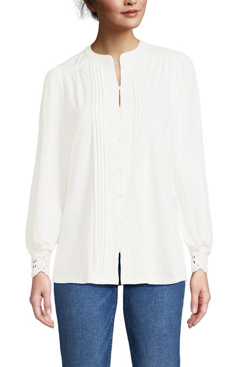 Lightweight Jersey Long Sleeve Button Front Pintuck Top