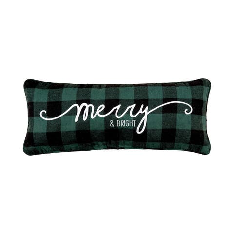 "Merry and Bright" Red & Black Checkered Plaid Christmas Mini Accent Pillow 9" x 22"