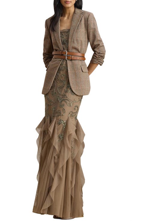 Ruffle Paisley Beaded Gown