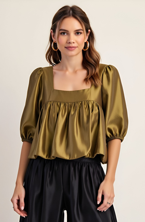 Gathered Bubble Hem Puff Sleeve Square Neck Top