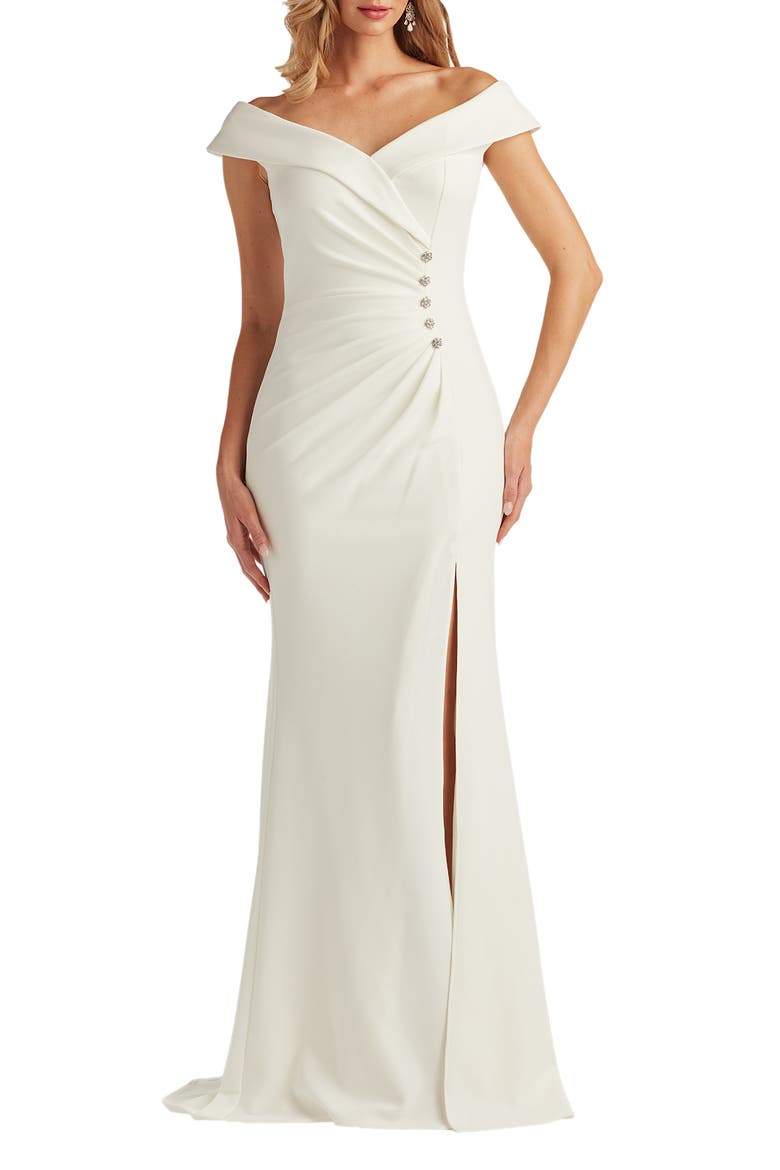 Off the Shoulder Crepe Trumpet Gown, Main, color, IVORY