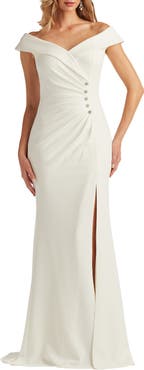 Tadashi Shoji Off the Shoulder Crepe Trumpet Gown