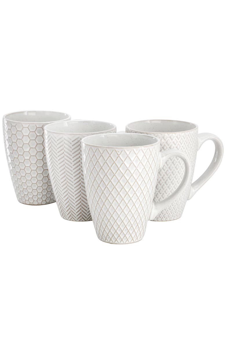 4 Piece 16 Ounce Stoneware Assorted Pattern Mug Set, Main, color, White