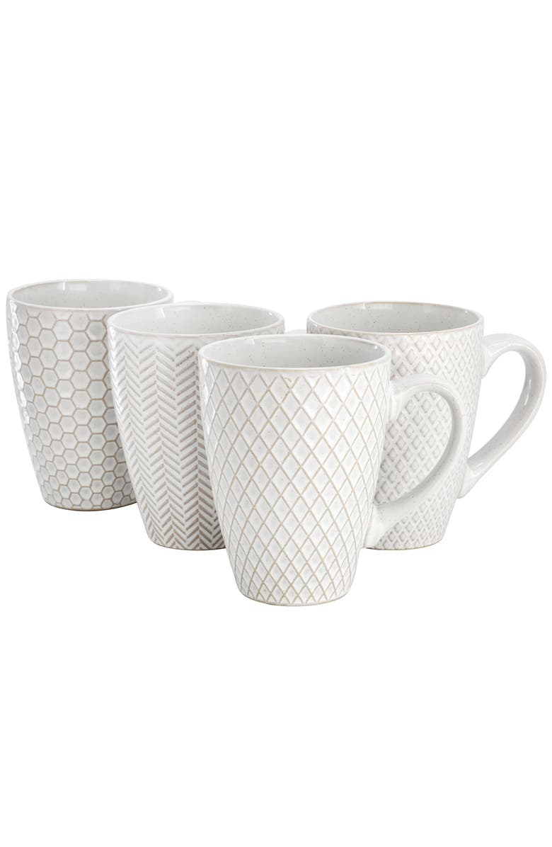 Gibson Elite Earlhart 4 Piece 16 Ounce Stoneware Assorted Pattern Mug Set, Main, color, White