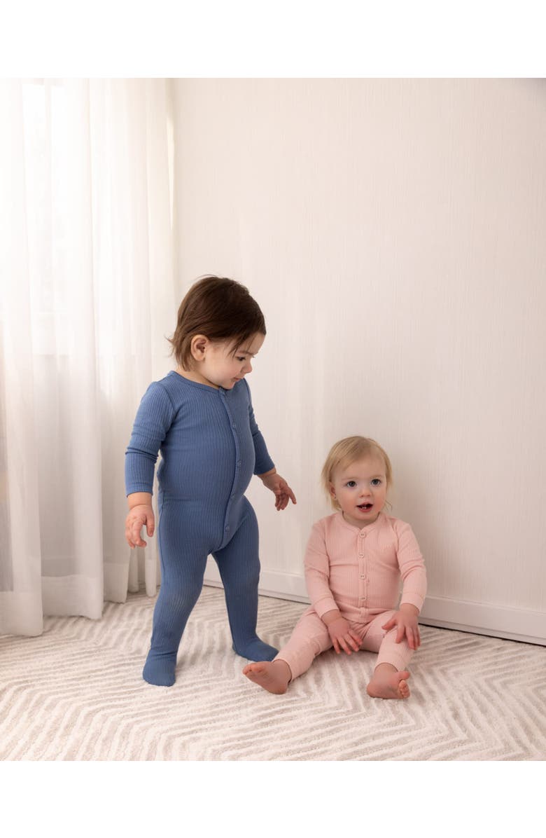 MiniMoi Solid Color Ribbed Cotton Blend Button-Down Footie, Alternate, color, Deep Water