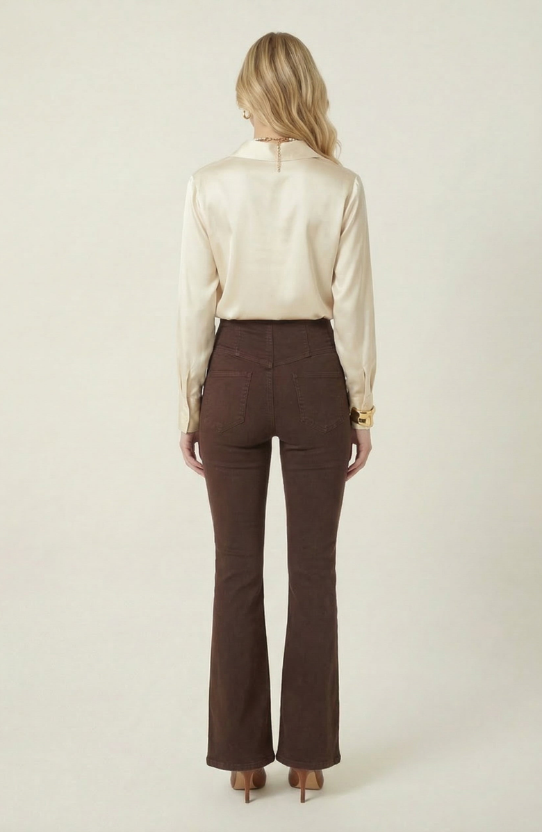 Modenaire High Waist Flare Pants with Button Front, Alternate, color, Chocolate Brown