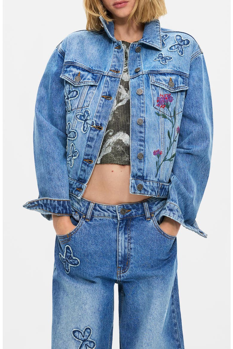 Embroidered Detail Denim Trucker Jacket, Main, color, MEDIUM BLUE
