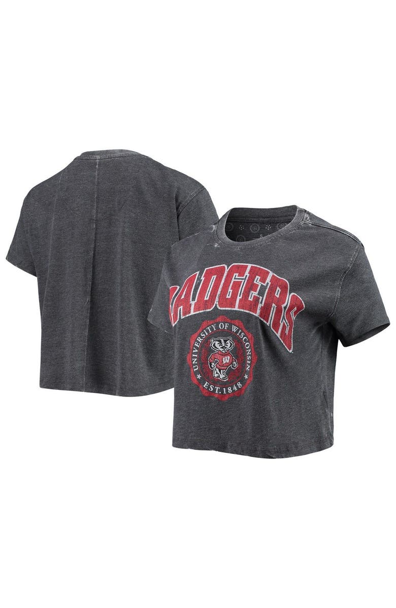 PRESSBOX Women's Pressbox Heather Black Wisconsin Badgers Edith Vintage Burnout Crop T-Shirt, Main, color,