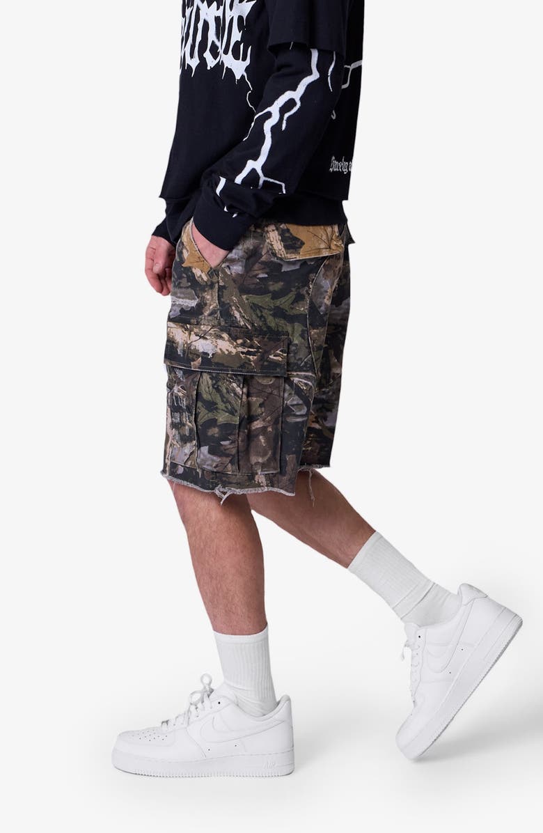 mnml Baggy Distressed Cotton Cargo Shorts, Alternate, color, Forest Camo
