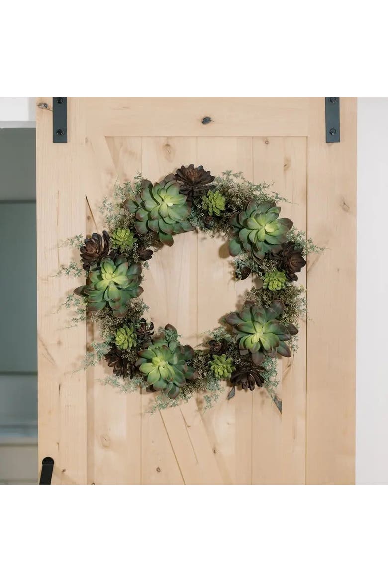 30" Artificial Eucalyptus and Succulent Wreath, Alternate, color, Green