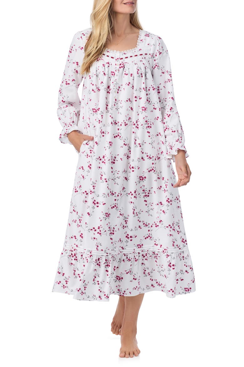 Long Sleeve Cotton Blend Flannel Ballet Nightgown, Alternate, color, WHITE/FLORA
