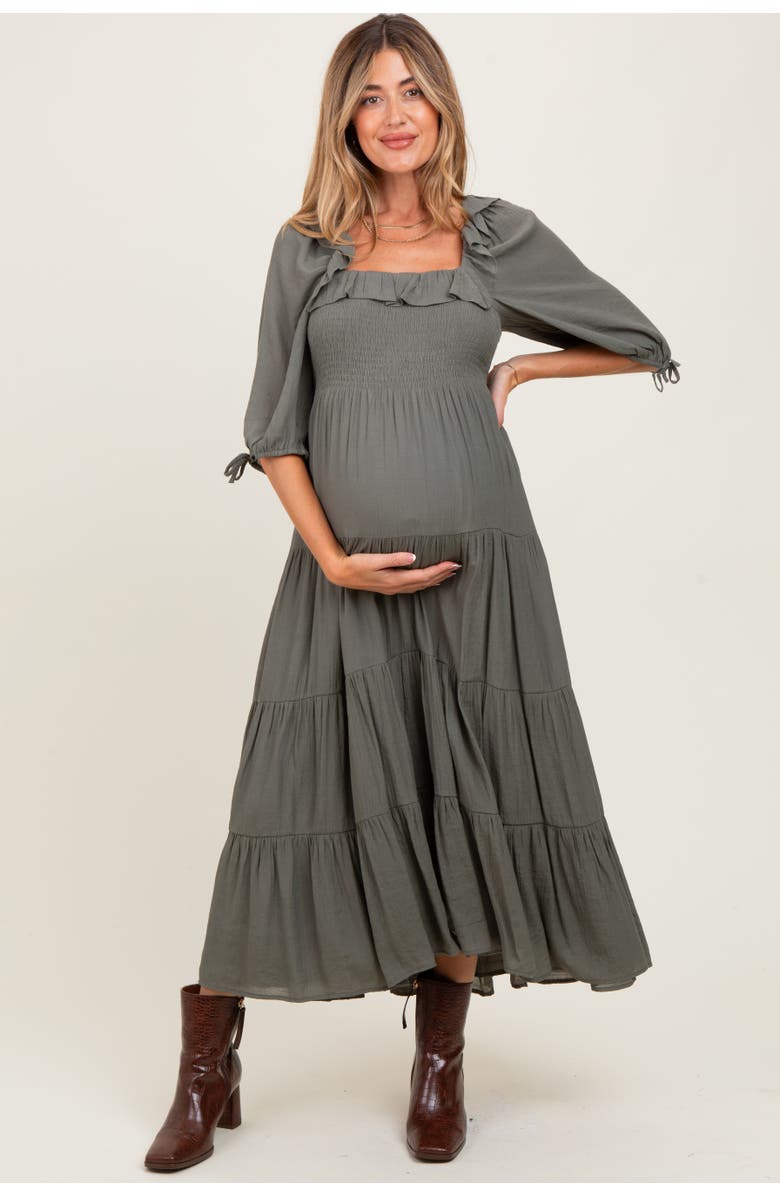 PinkBlush Smocked Ruffle Detail Tiered Midi Dress, Main, color, Olive Green