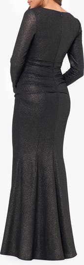 Long Sleeve Metallic Ruched Gown