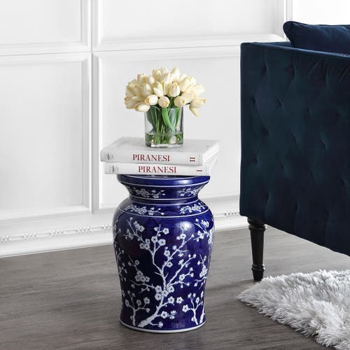 Shop Jonathan Y Cherry Blossom 17.75" Ceramic Garden Stool In Navy/white