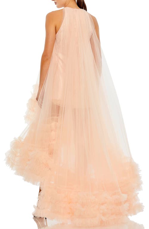 Mac Duggal Tulle High Neck Sleeveless Ruffled Hem Hi-lo Gown In Blush