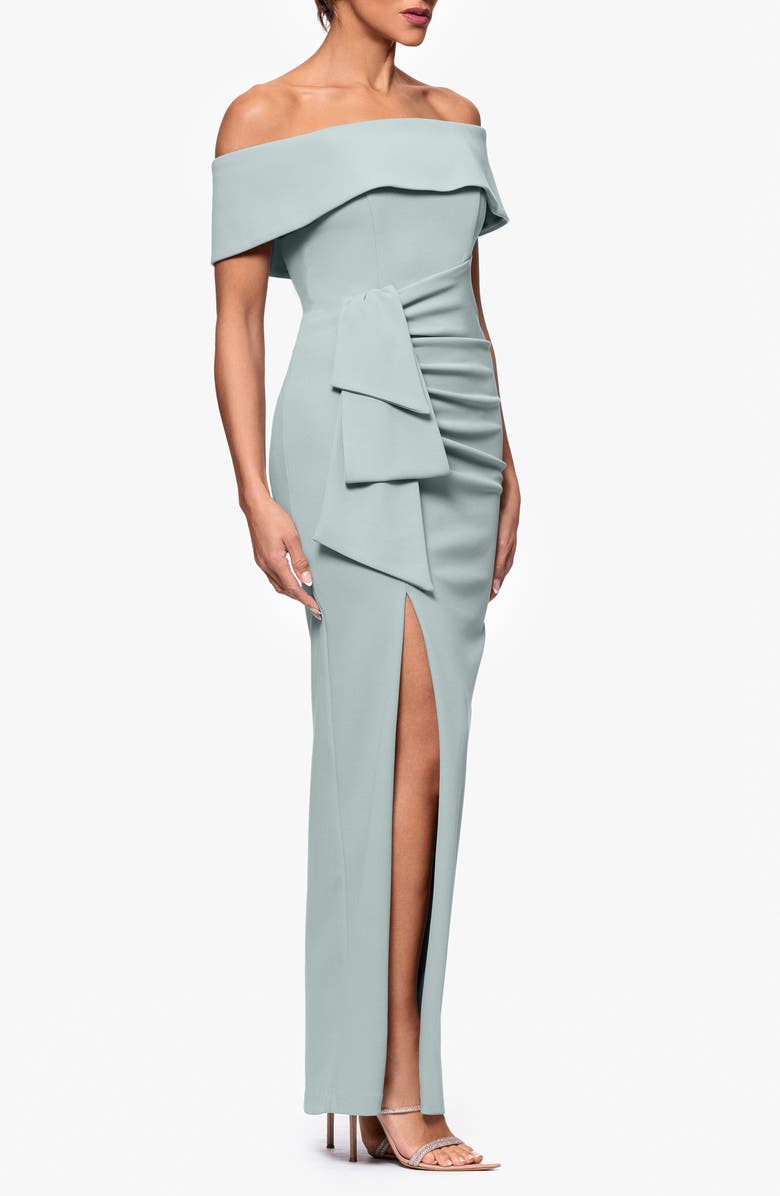 Xscape Evenings Ruched Off the Shoulder Crepe Gown, Alternate, color, Sage