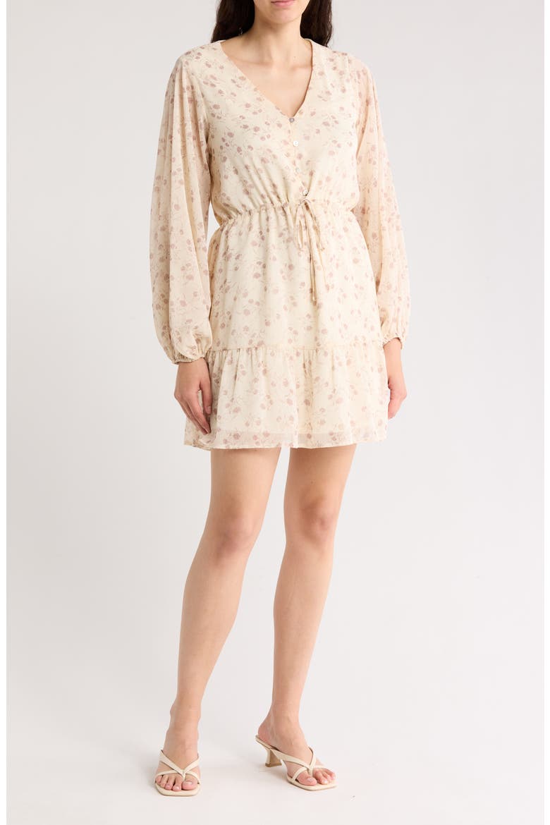 Floral Button Front Long Sleeve Tiered Minidress, Main, color, CREAM COMBO