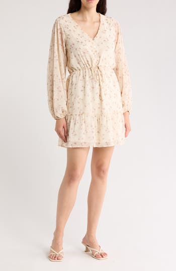 WISHLIST WISHLIST FLORAL BUTTON FRONT LONG SLEEVE TIERED MINIDRESS 