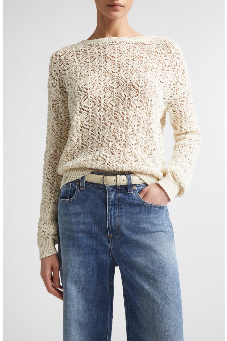 Open Stitch Cotton Crewneck Sweater, Main, color, 00 IVORY