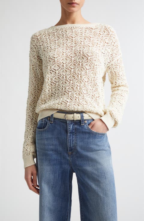 Open Stitch Cotton Crewneck Sweater