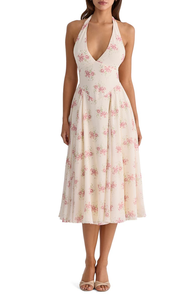 Solada Floral Halter Midi Dress, Main, color, IVORY VINTAGE ROSE PRINT