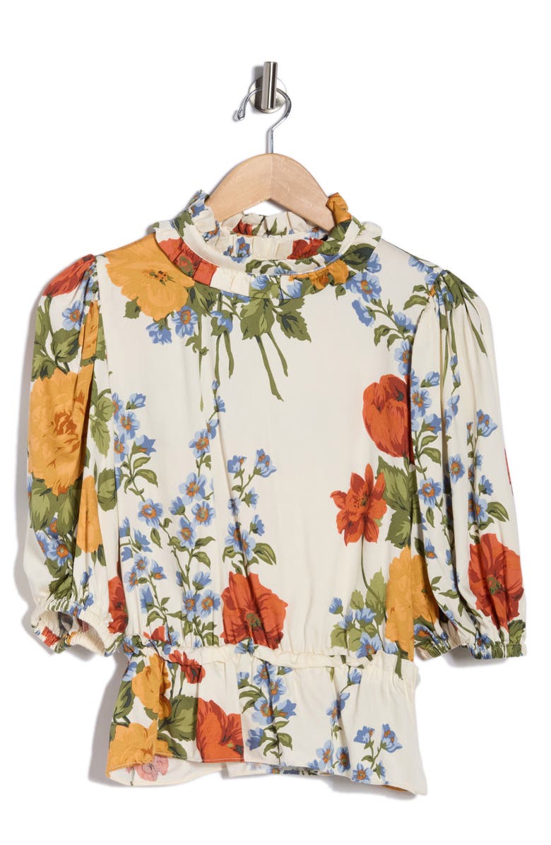 T Tahari Floral Print Ruffle Neck Peplum Crop Top, Main, color, Ivory Lg Floral