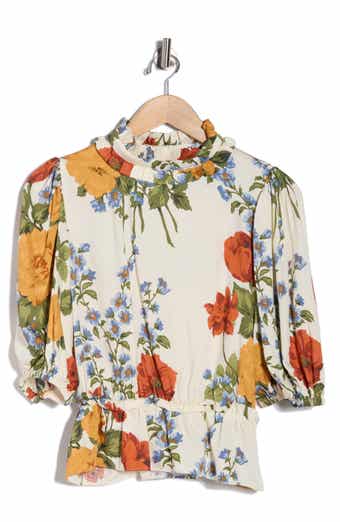 T Tahari Floral Print Ruffle Neck Peplum Crop Top