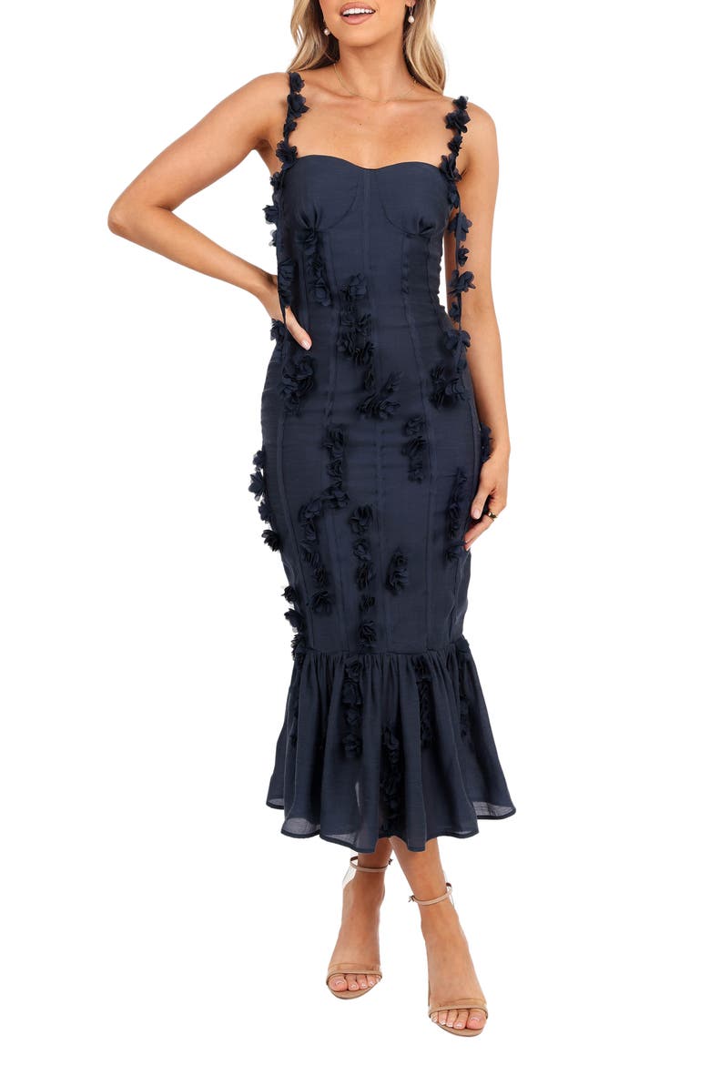 Posedly Rosette Mermaid Midi Dress, Main, color, NAVY