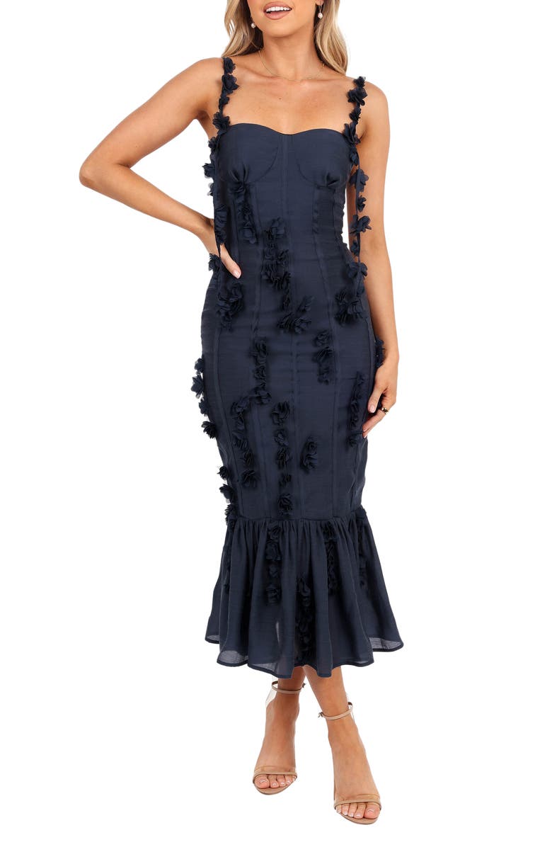 Petal & Pup Posedly Rosette Mermaid Midi Dress, Main, color, Navy