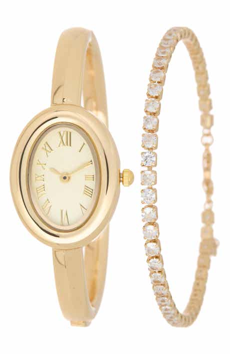 Oval Bangle Watch & Tennis Bracelet Set