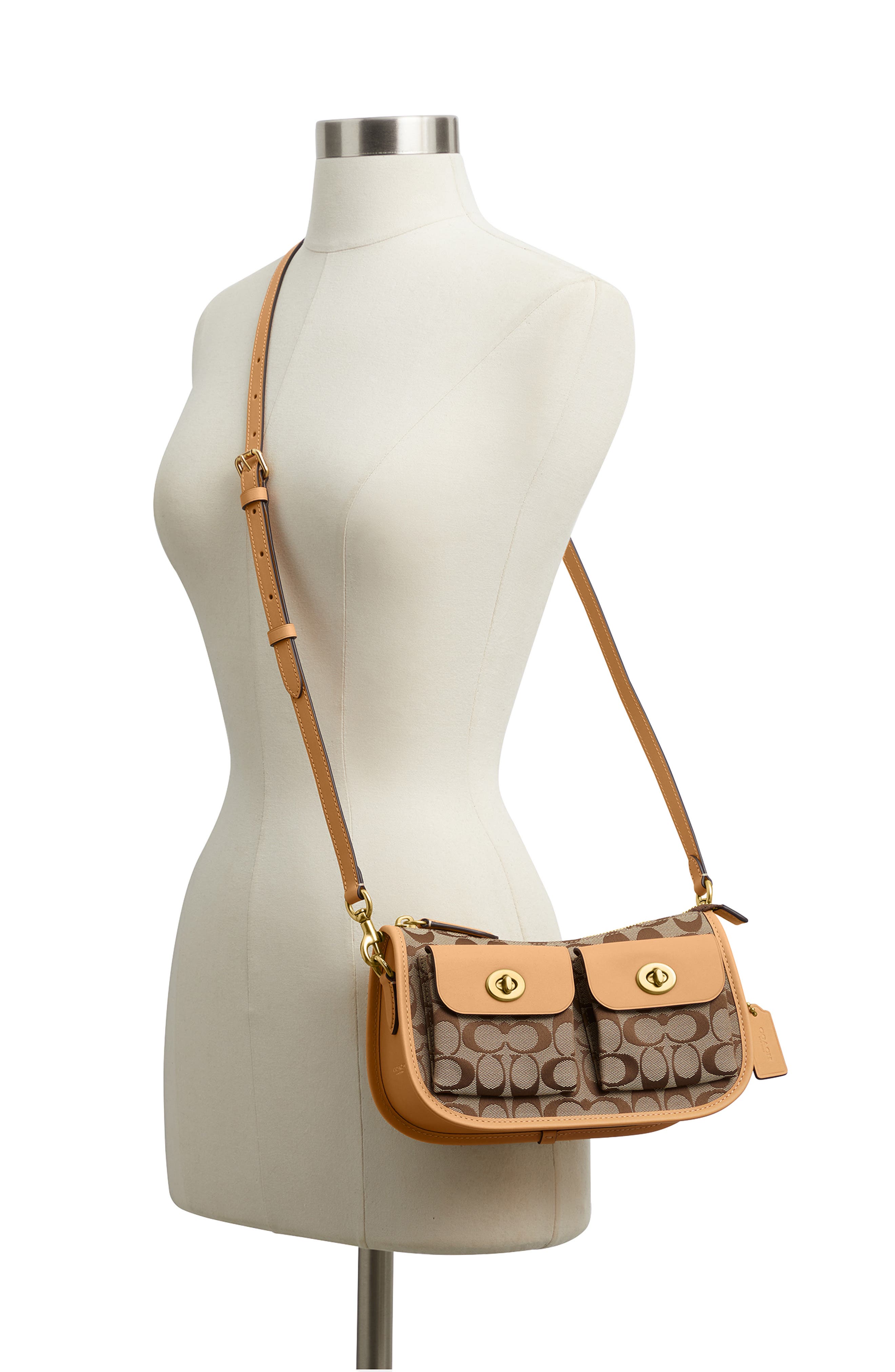 COACH Waverly Twin Turnlock Signature Jacquard & Leather Shoulder Bag, Alternate, color, Khaki Light Peach
