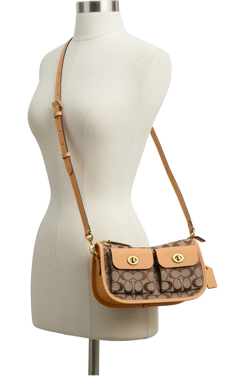COACH Waverly Twin Turnlock Signature Jacquard & Leather Shoulder Bag, Alternate, color, Khaki Light Peach