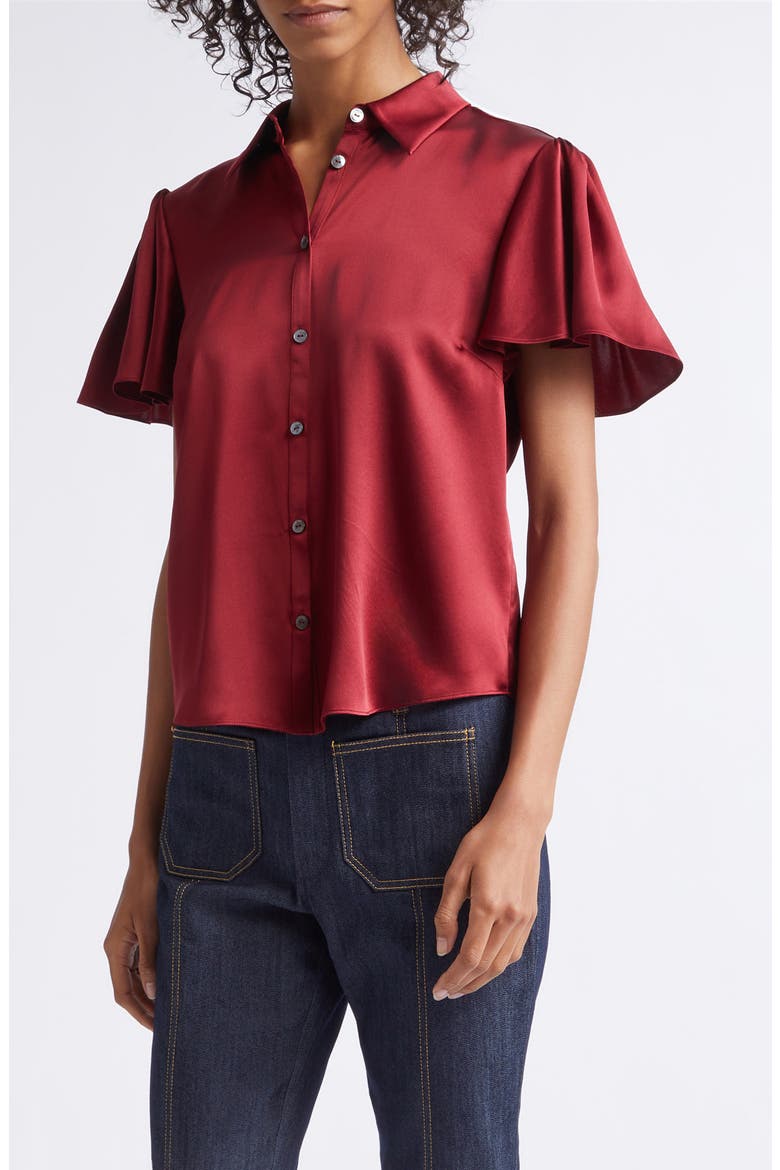 Fiona Flutter Sleeve Silk Satin Button-Up Shirt, Main, color, BERRYWINE