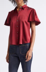 Cinq à Sept Fiona Flutter Sleeve Silk Satin Button-Up Shirt