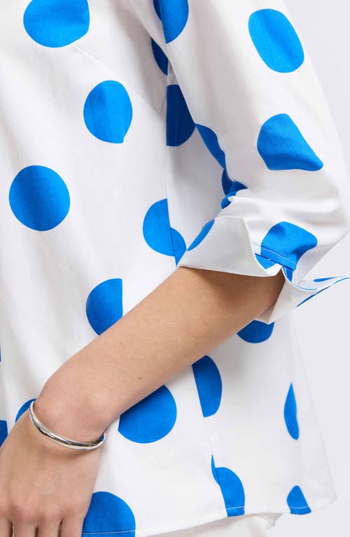 Foxcroft Agnes Dot Print Three-quarter Sleeve Cotton Popover Top In White/blue