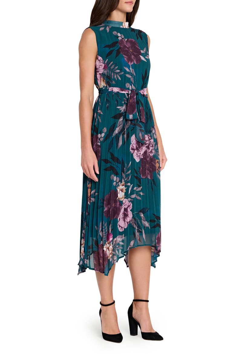 Floral Pleated Midi Dress, Alternate, color, OCEAN TEAL