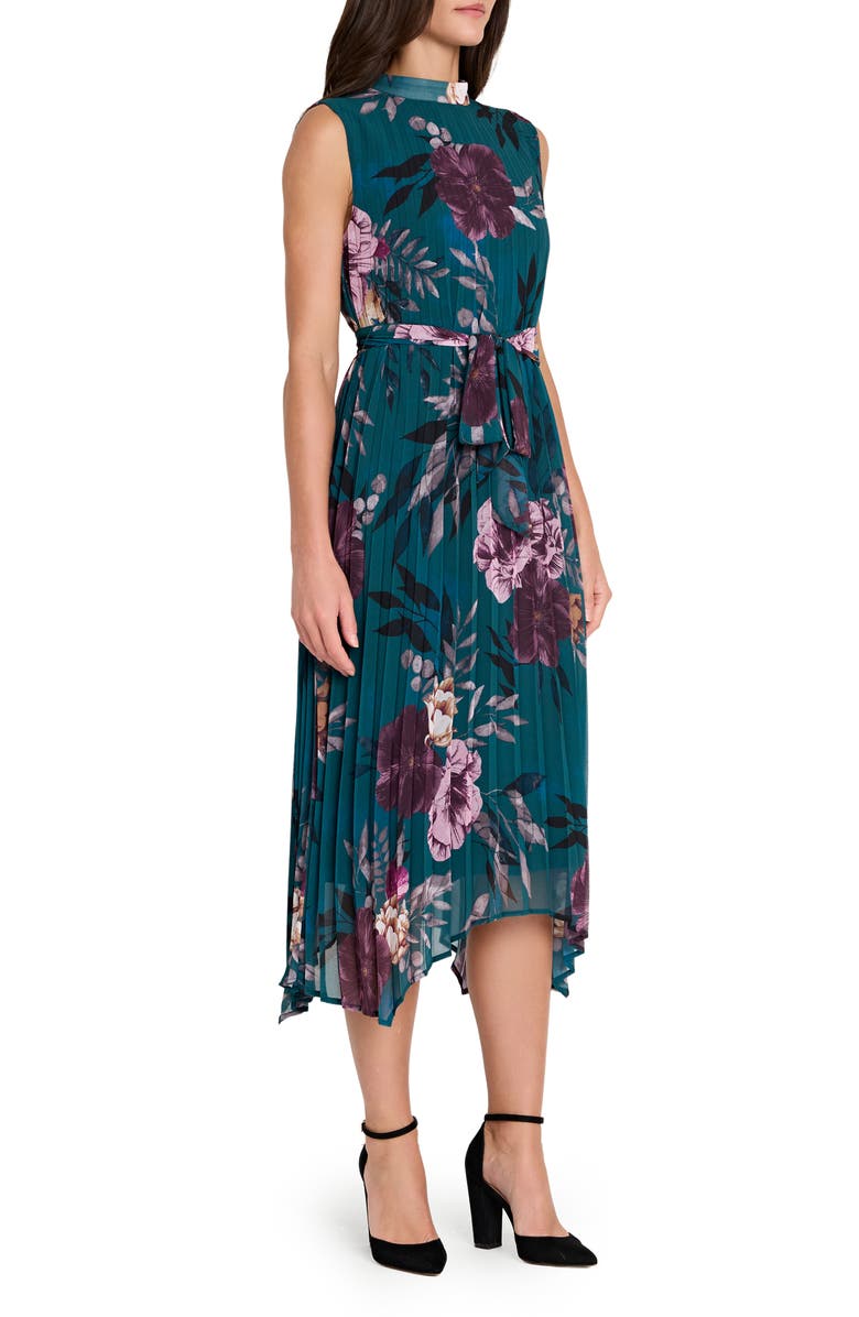 Tahari ASL Floral Pleated Midi Dress, Alternate, color, Ocean Teal