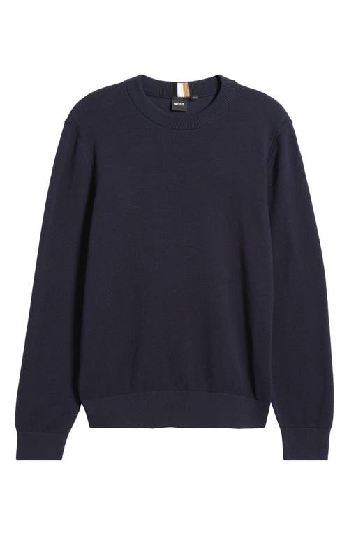 Shop Hugo Boss Boss Ecaio Cotton Piqué Crewneck Sweater In Dark Blue