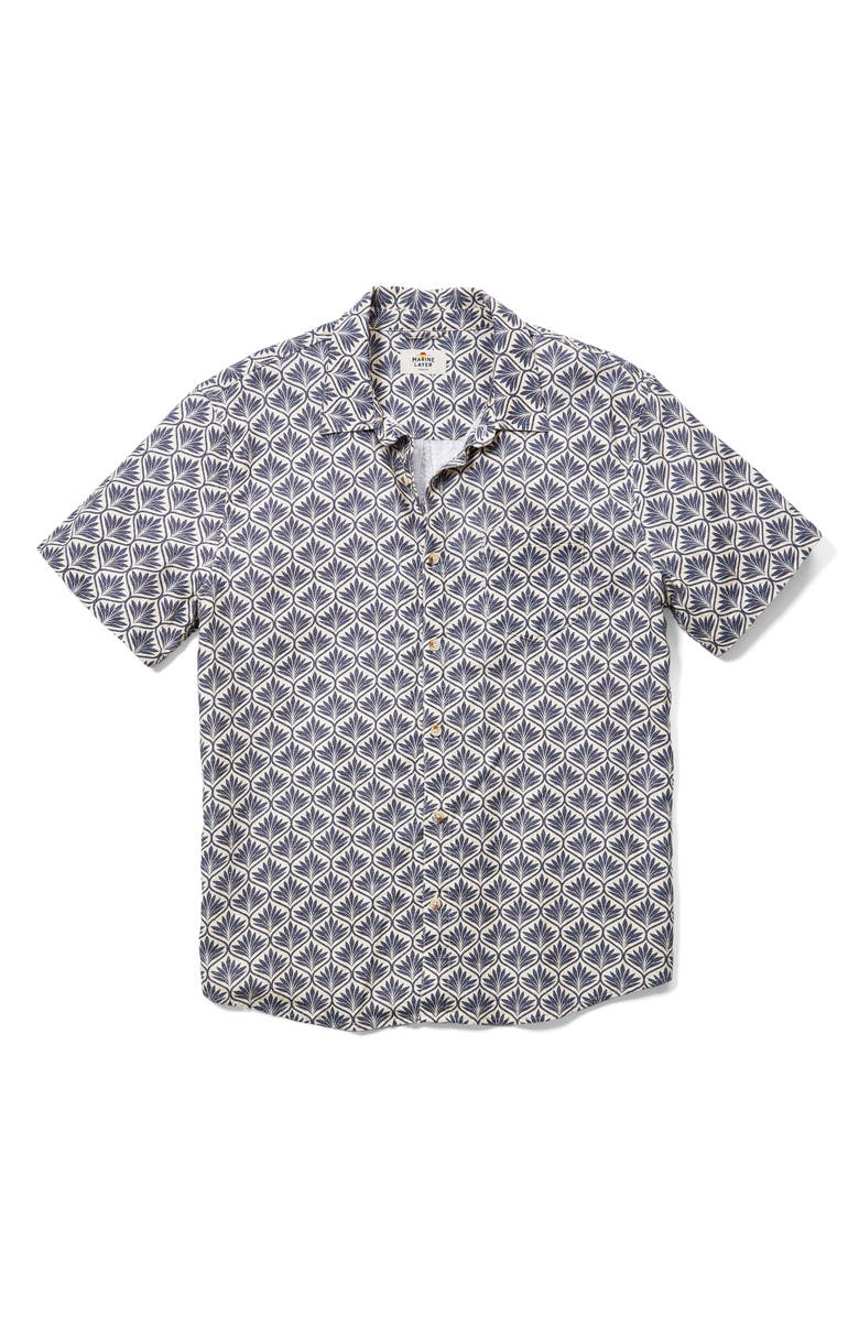 Marine Layer Leaf Print Short Sleeve Stretch Cotton Selvage Button-Up Shirt, Alternate, color, India Ink Agave Print