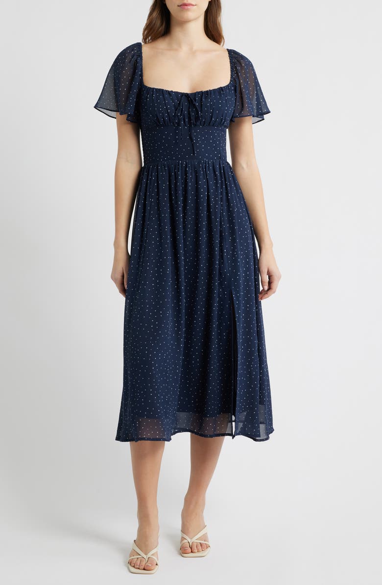 All in Favor Heart Polka Dot Butterfly Sleeve Midi Dress, Main, color, Navy White